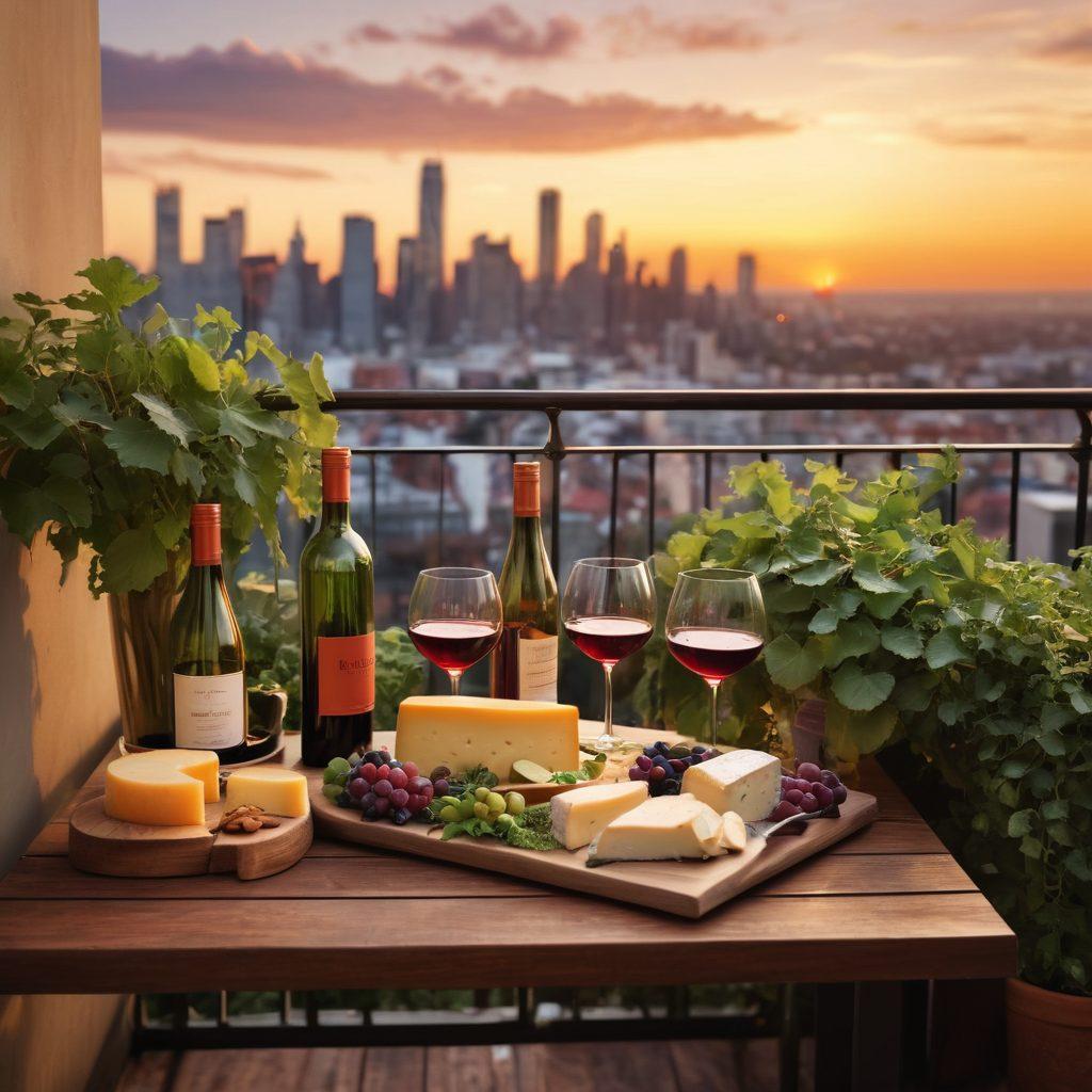 A cozy urban balcony adorned with lush greenery, showcasing an elegant wine setup with sparkling glasses, a vintage bottle, and a delectable cheese platter. City skyline in the background under a sunset sky, casting warm hues. Ambient lighting creates a relaxing atmosphere, perfect for wine lovers. super-realistic. vibrant colors. soft focus.