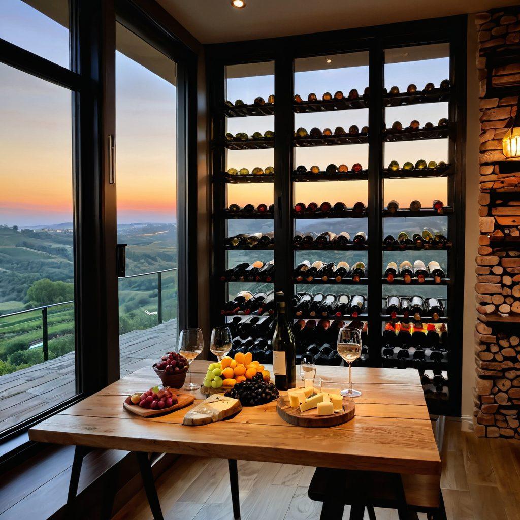 An elegant and cozy flat filled with wine bottles and tasting glasses, accentuated by warm lighting and decor. A beautiful wine rack in the corner holds an array of vintages, while a wooden table is set for a tasting experience with artisanal cheese and fruits. A sunset view through large windows adds to the ambiance, inviting warmth and comfort. cozy and inviting design. super-realistic. vibrant colors. soft focus.