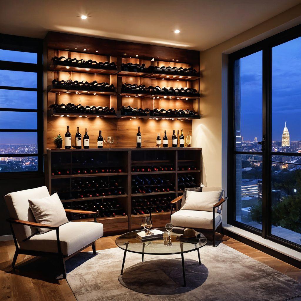 A cozy apartment interior showcasing a stylish wine corner, featuring elegant wine racks filled with various bottles, soft ambient lighting, and a plush seating area with a view of city lights at dusk. Include a large glass of red wine on a rustic wooden table, surrounded by grapevines and artisanal cheese. The setting should exude a warm and inviting atmosphere, perfect for unwinding and enjoying wine. super-realistic. warm tones. soft focus.